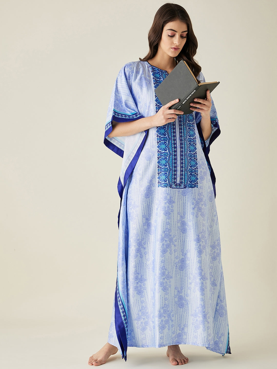 Light Blue Floral Printed Satin Kaftan  - The Kaftan Company