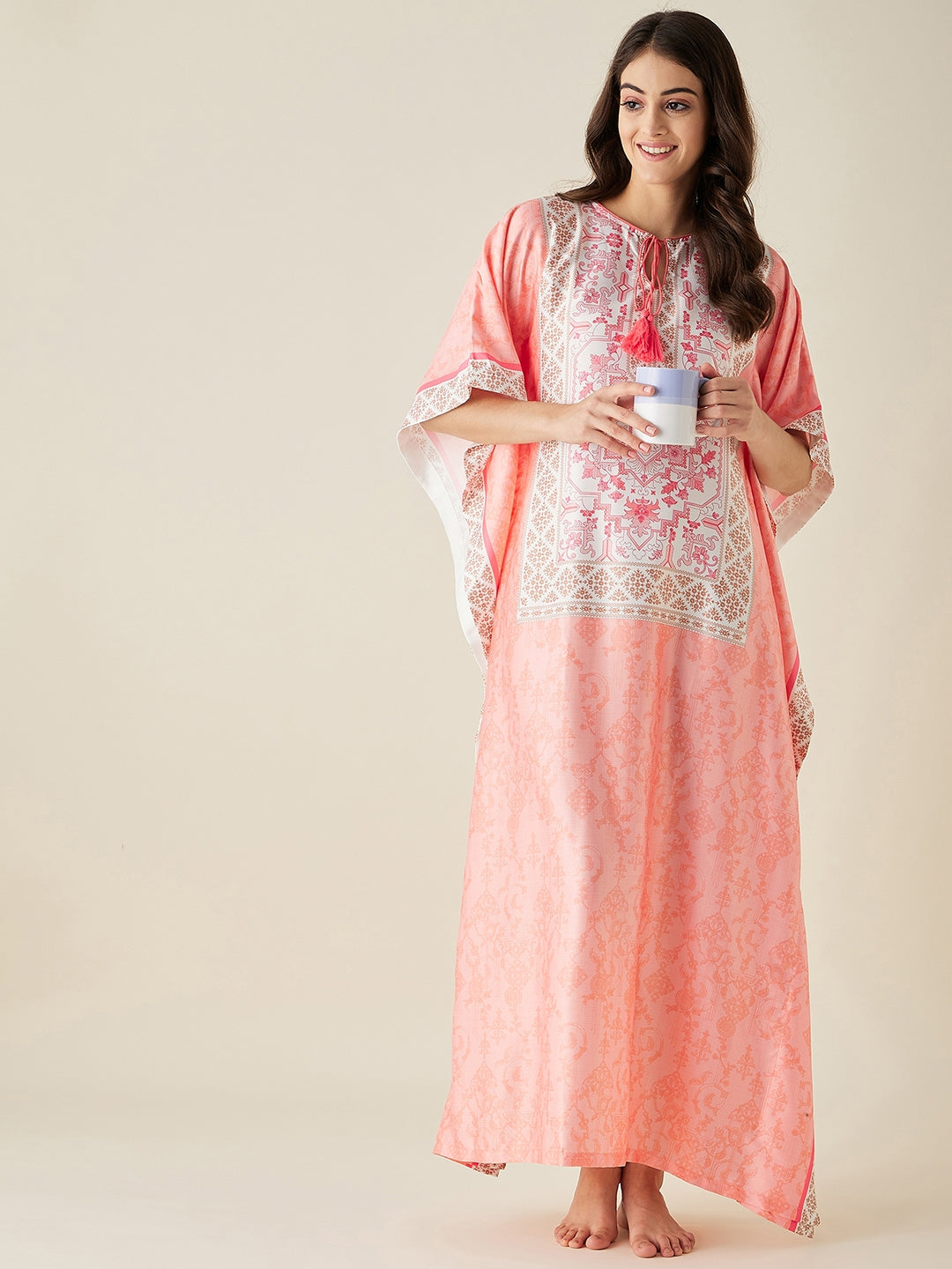 Light Pink Ethnic Motifs Printed Satin Kaftan  - The Kaftan Company