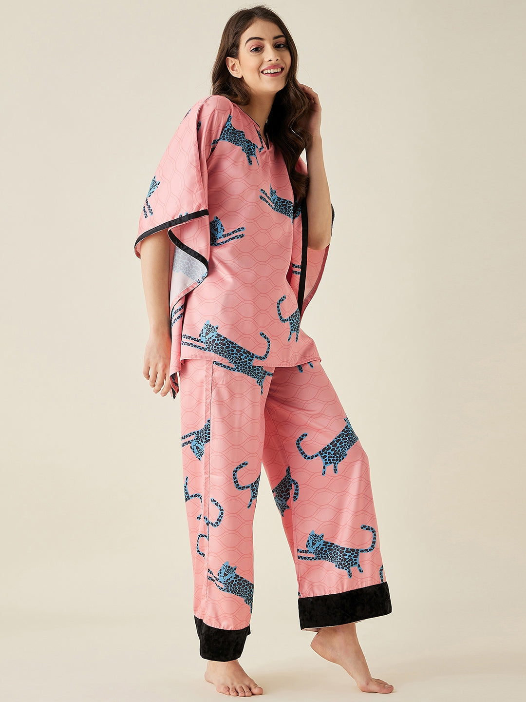 Blue Leopard Satin Kaftan Pyjama Set - The Kaftan Company