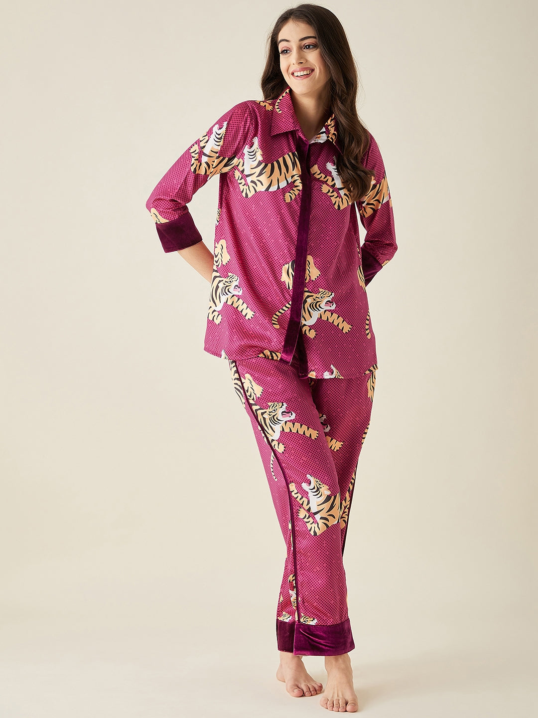 Tiger Wine Satin Pyjama Set - The Kaftan Company