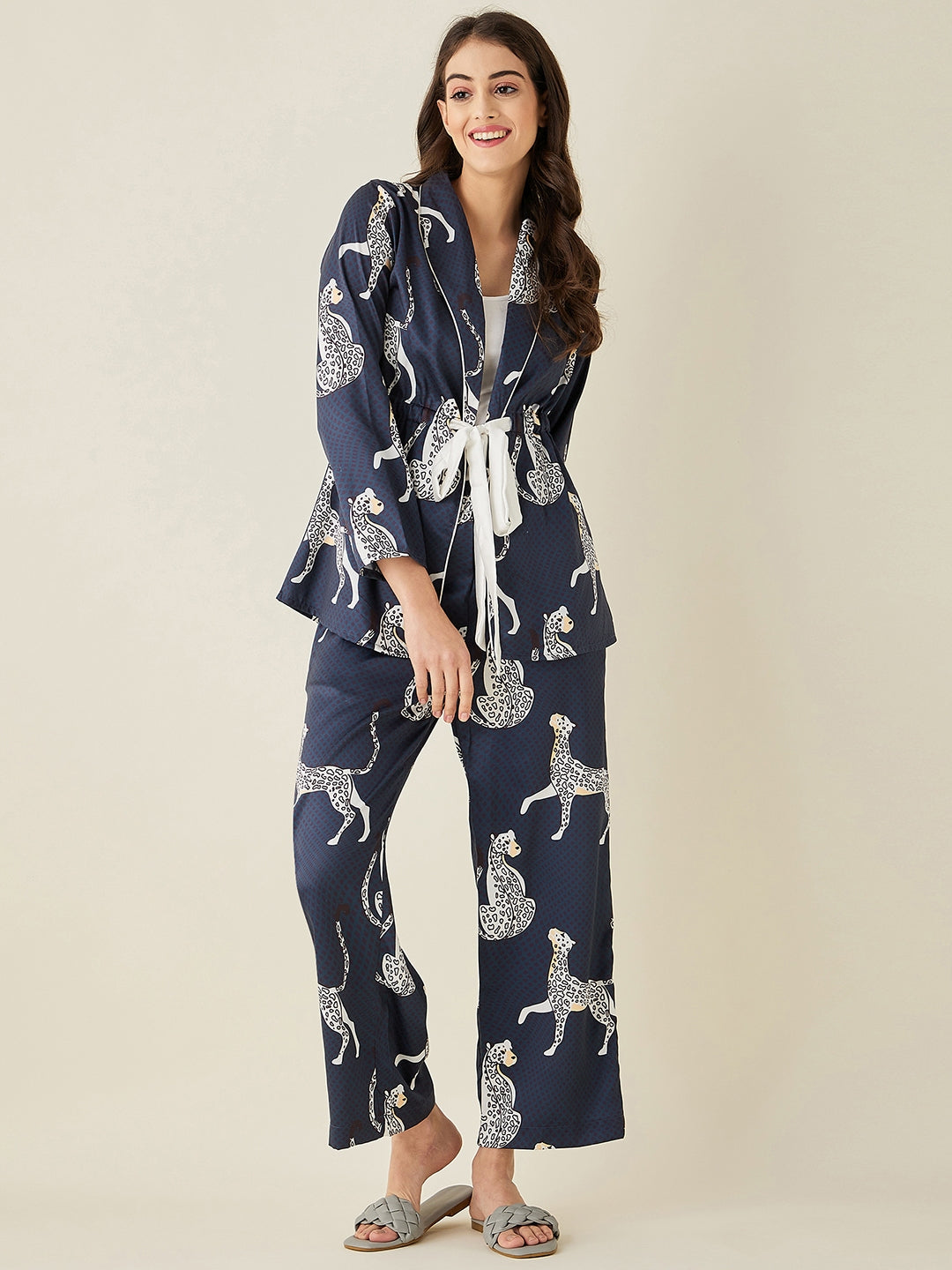 White Leopard Satin Pyjama Set - The Kaftan Company