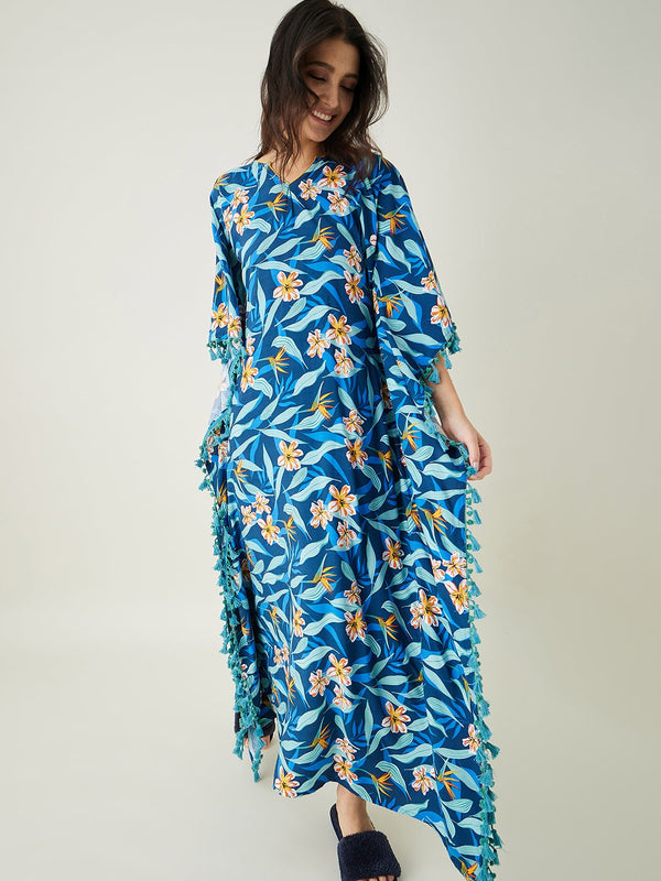 Women's Blue Floral Printed Kaftan - The Kaftan Company