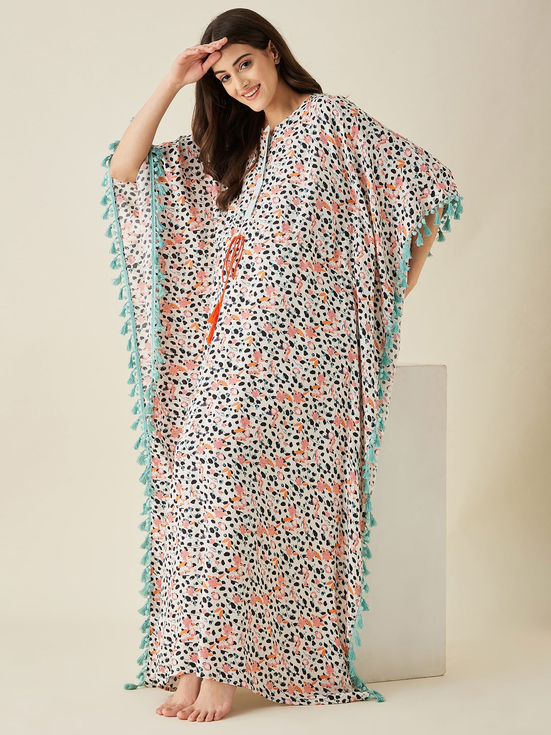 White Animal Printed Maternity Kaftan Night Dress - The Kaftan Company