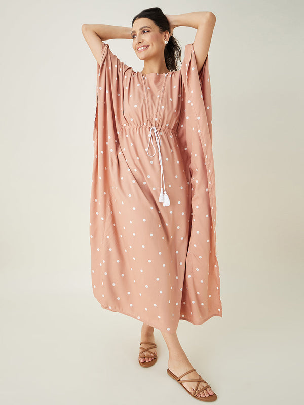 Women's Beige Dotted Delight Maternity Nursing Dress  - The Kaftan Company