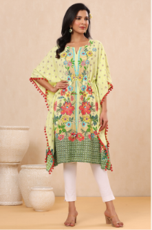 Women's Limeyellow Rayon Printed Straight Kaftan - Juniper