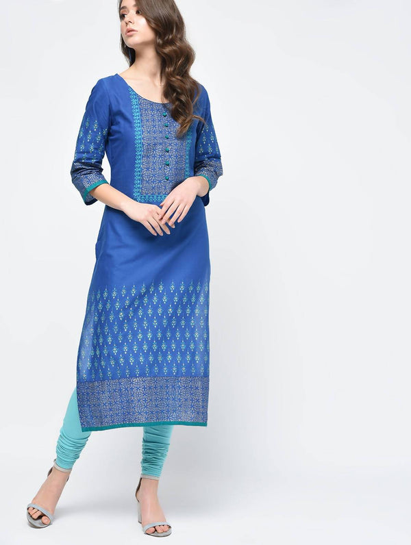 Women's Royal Blue Hand Block Print Straight Kurta Only - Cheera