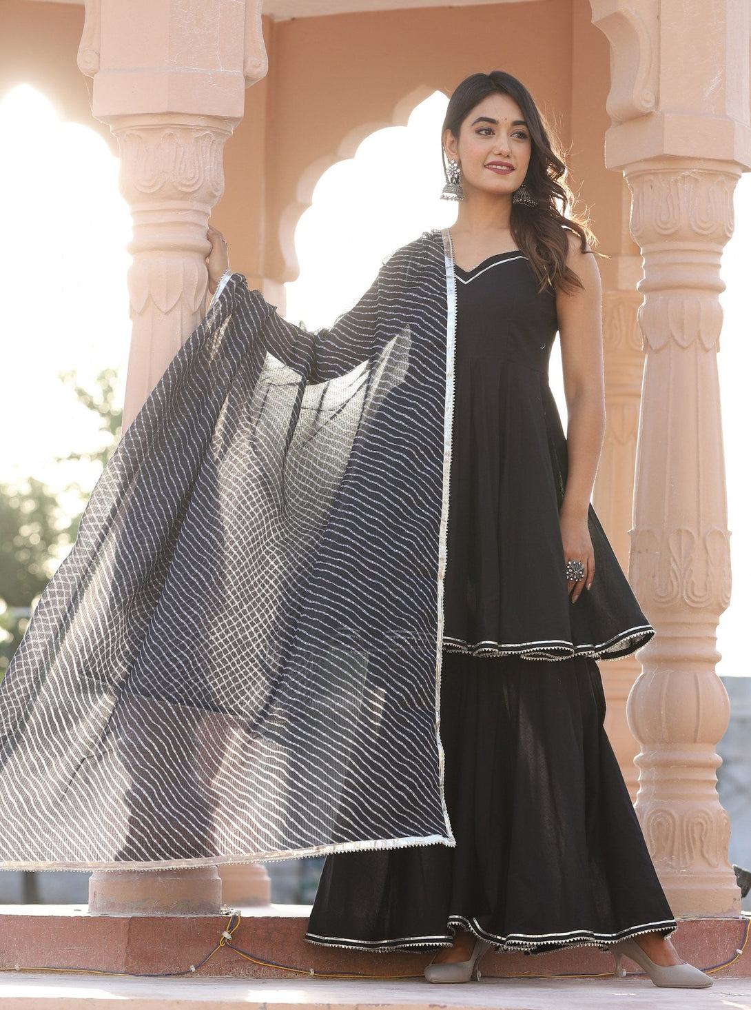 Women's Lahariya Black Cotton Sharara Set - Lado Jaipuri