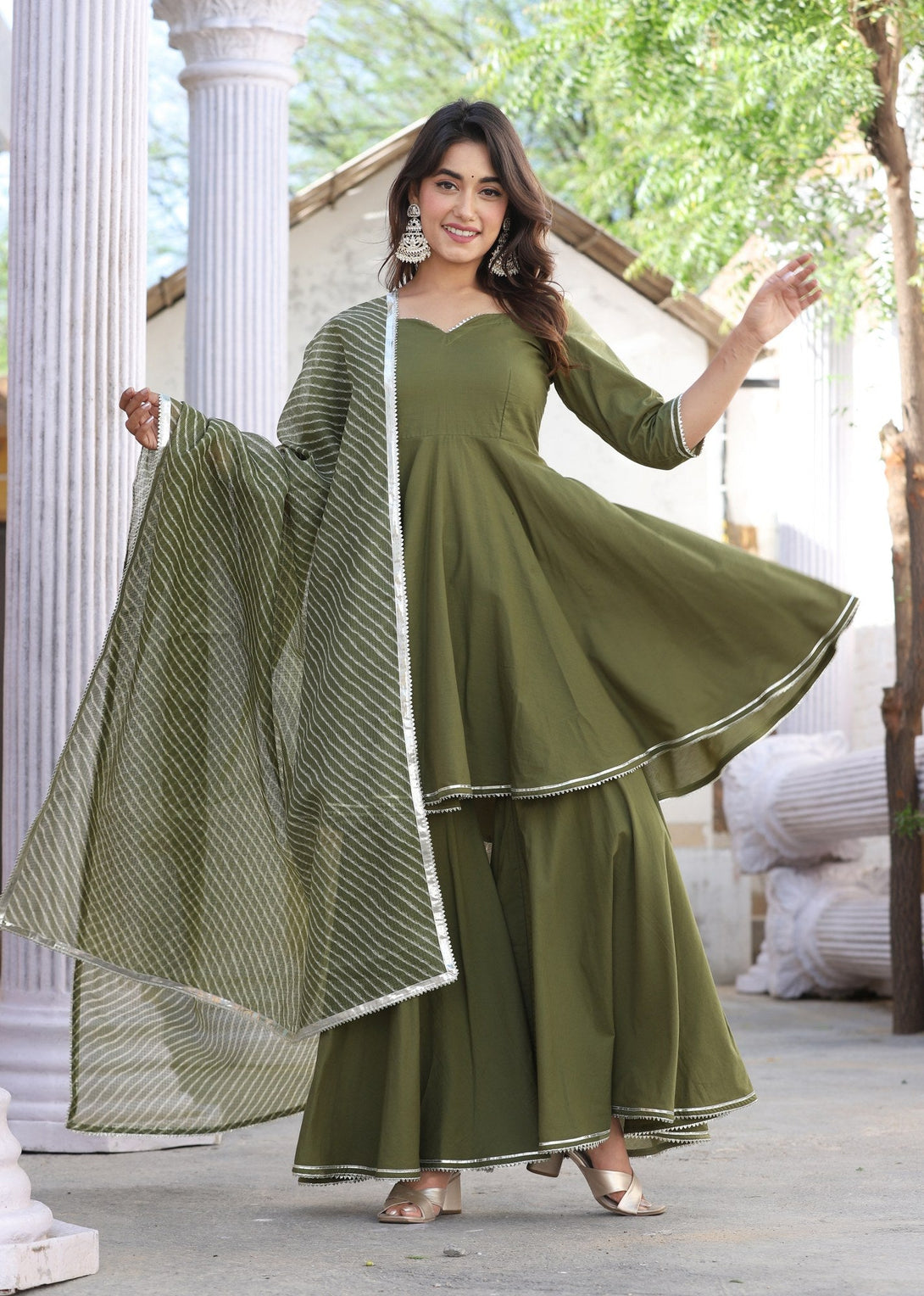 Women's Lahariya Mehndi Green Cotton Sharara Set - Lado Jaipuri