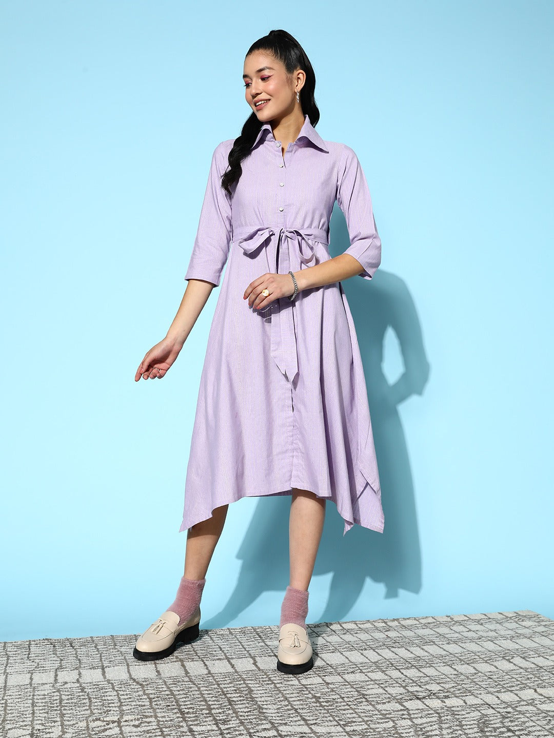 Lavender Belted Midi Dress-Indiakreations-JS8150DRSLVXS