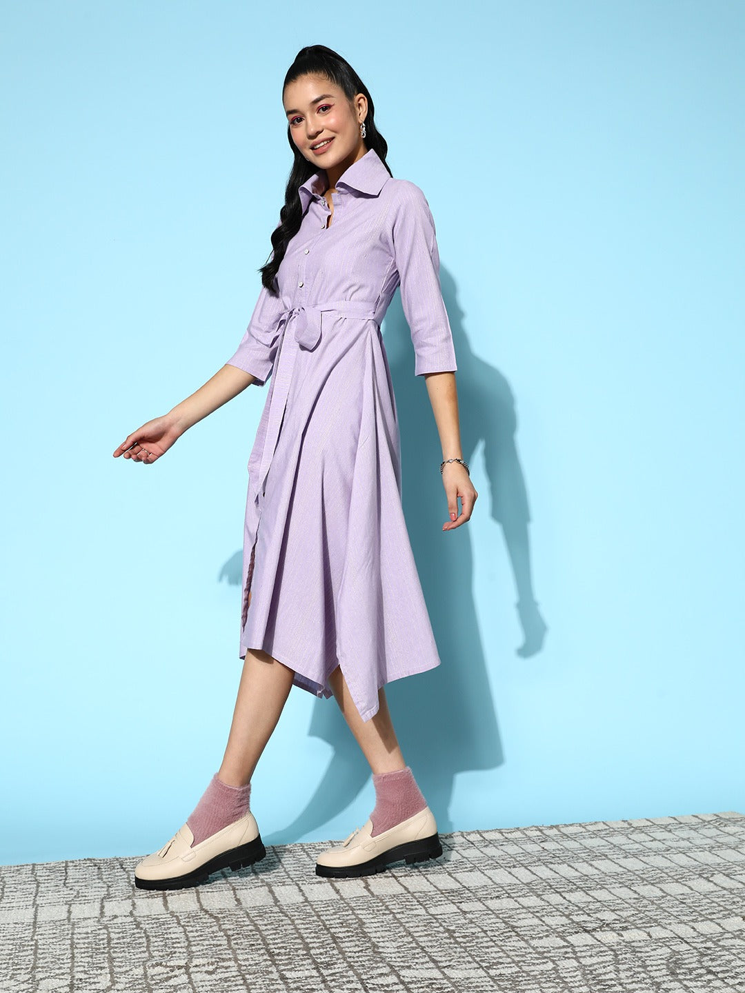 Lavender Belted Midi Dress-Indiakreations-JS8150DRSLVXS