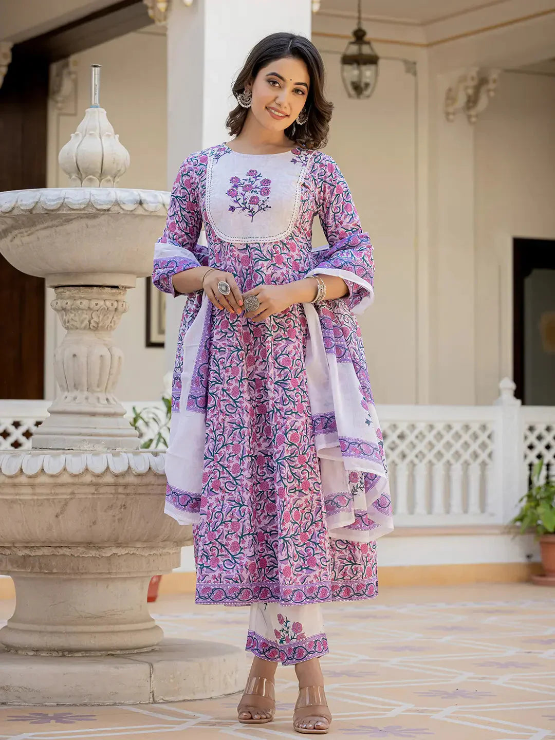 Lavender Ethnic Motifs Cotton Dupatta Set-Indiakreations-JS9764SKDLVS