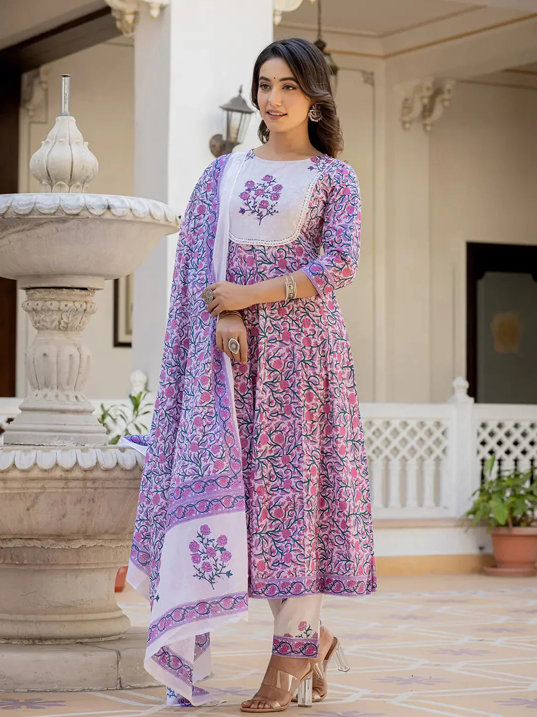 Lavender Ethnic Motifs Cotton Dupatta Set-Indiakreations-JS9764SKDLVS