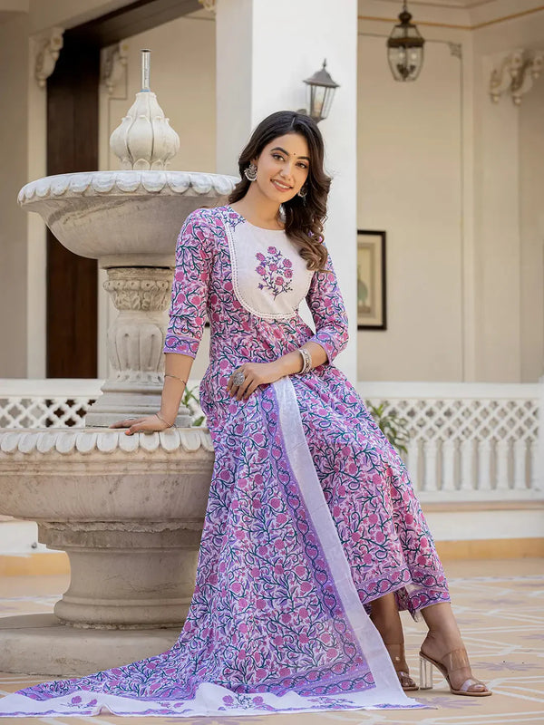 Lavender Ethnic Motifs Cotton Dupatta Set-Indiakreations-JS9764SKDLVS