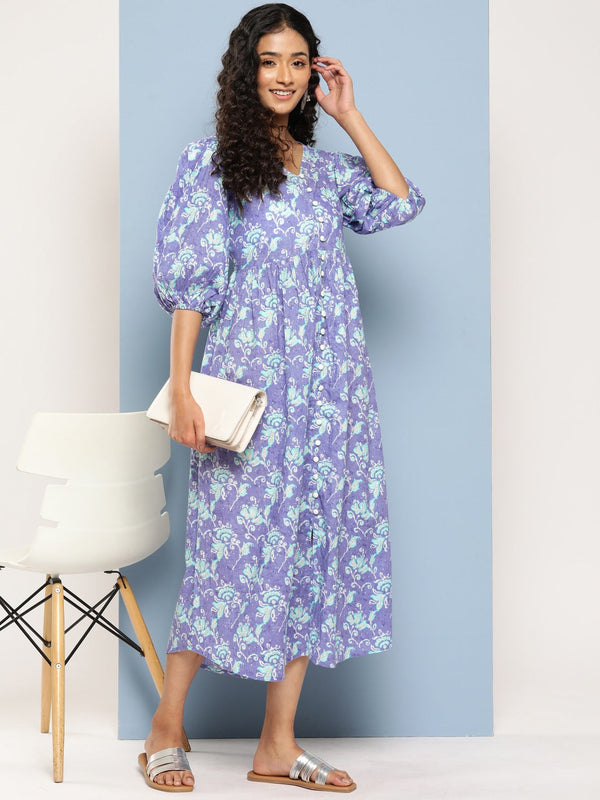 Lavender Floral Print Flared Sleeve Maxi Dress-Indiakreations-JS8515DRSLVS