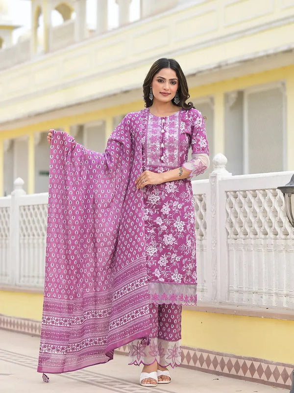 Lavender Floral Print Pakistani Style Kurta Trouser And Dupatta Set-Indiakreations-JS6891SKDLVM