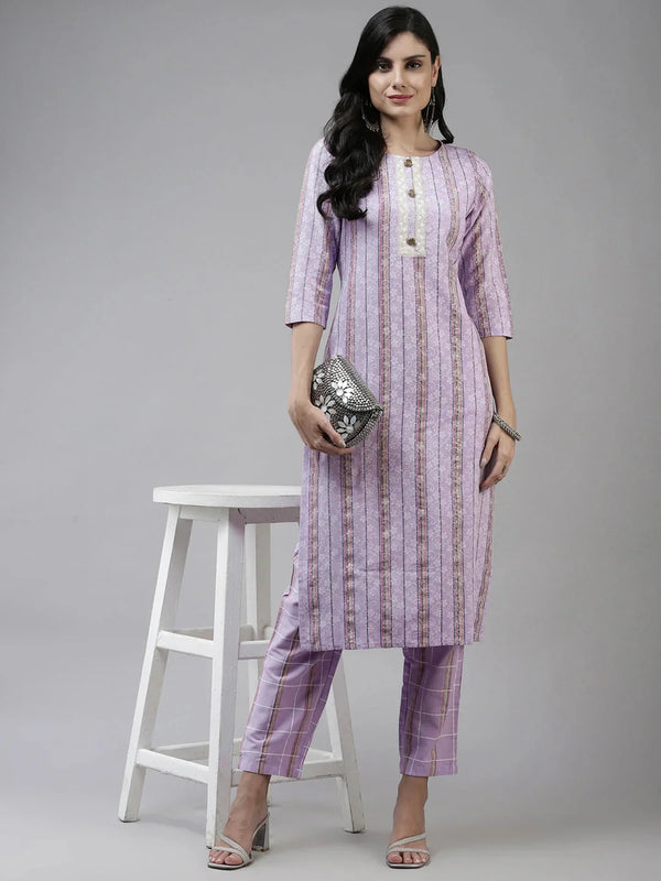 Lavender Printed Kurta with Trousers-Indiakreations-JS9561SETLVS