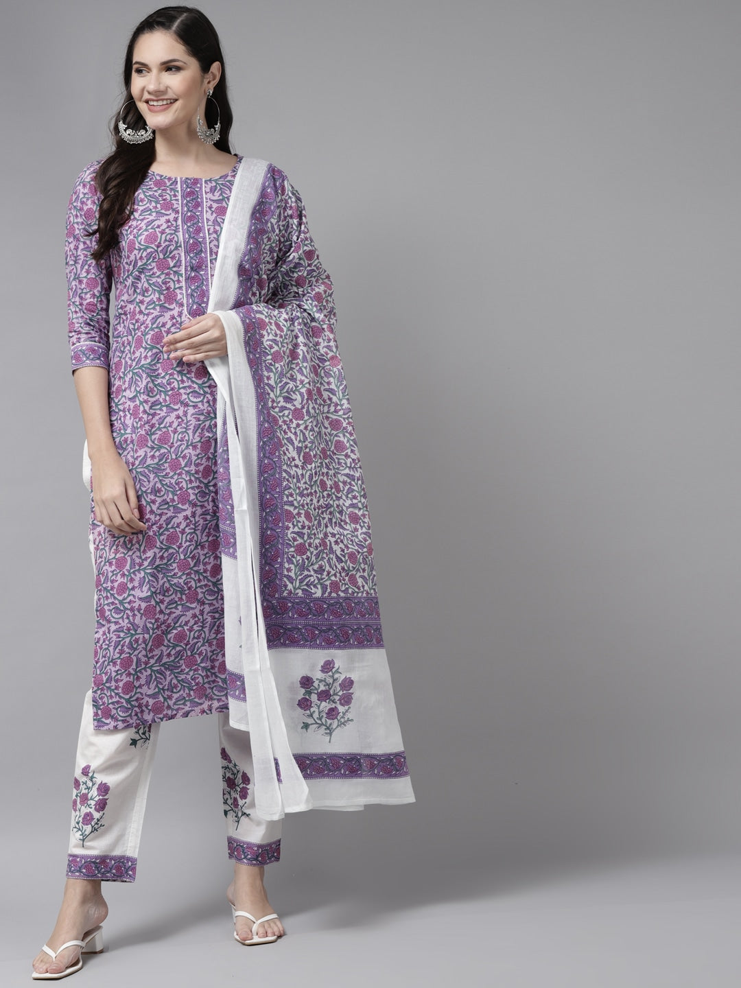 Lavender & White Printed Dupatta Set-Indiakreations-JS8053SKDLVS