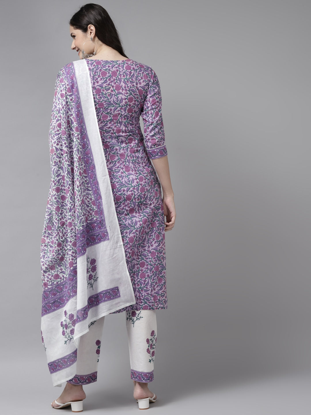 Lavender & White Printed Dupatta Set-Indiakreations-JS8053SKDLVS