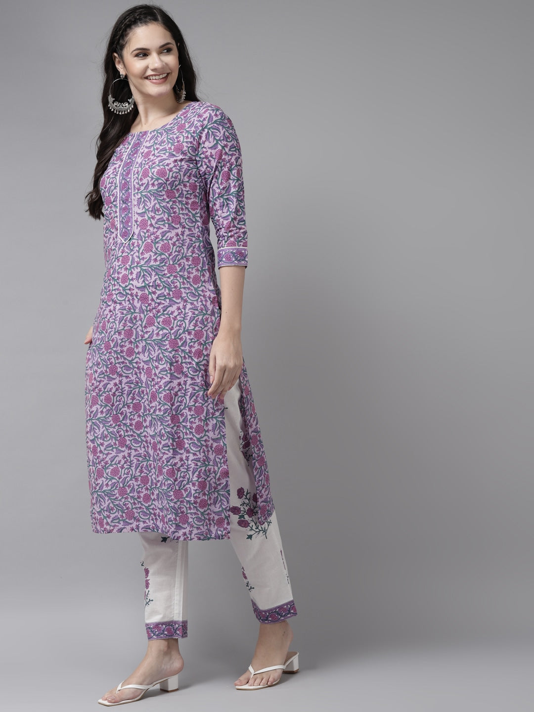 Lavender & White Printed Dupatta Set-Indiakreations-JS8053SKDLVS