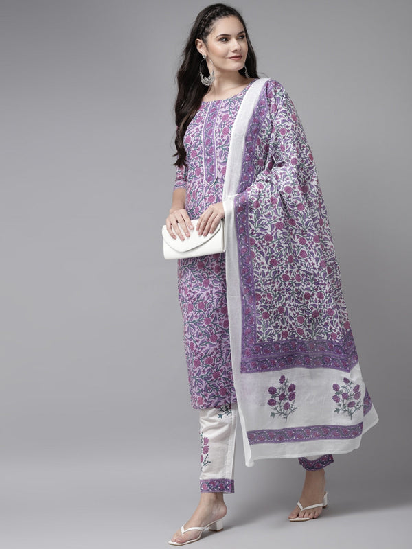 Lavender & White Printed Dupatta Set-Indiakreations-JS8053SKDLVS