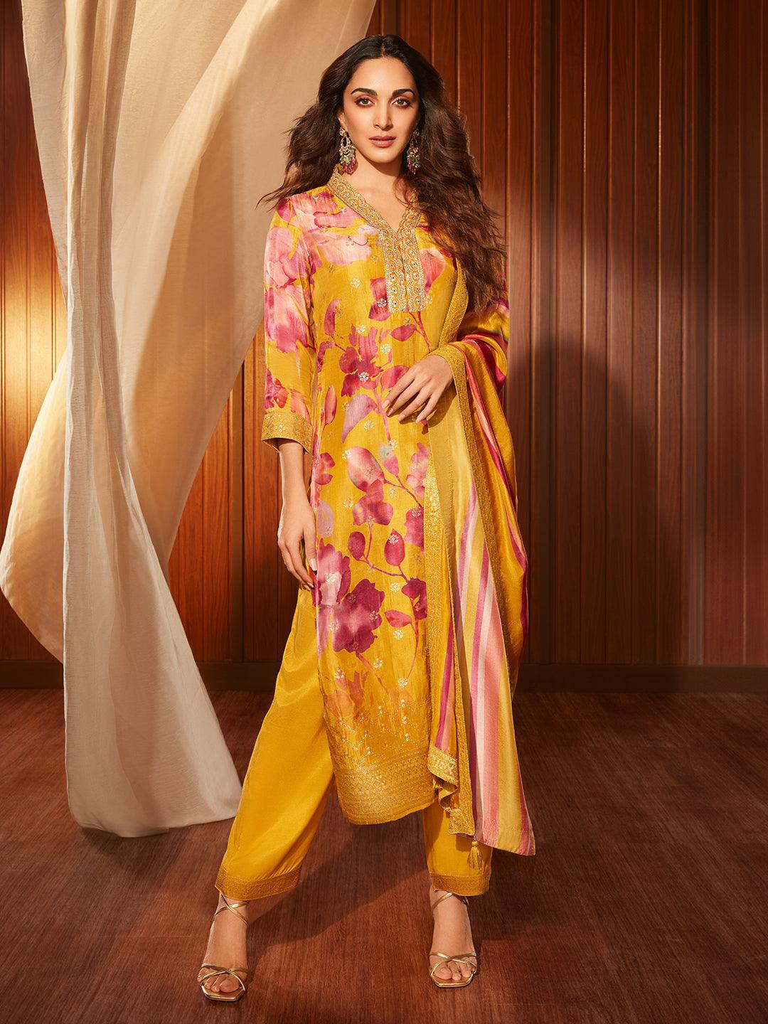 Mustard Printed Silk Blend Straight Suit With Dupatta - Jashvi