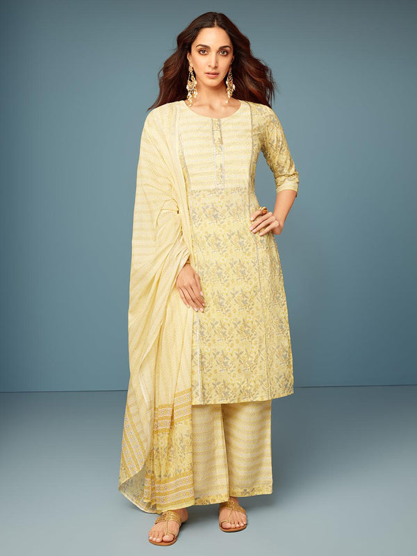 Yellow Printed Cotton Straight Suit With Dupatta