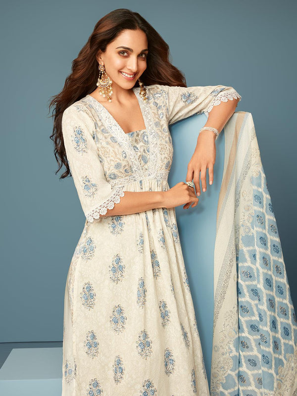 Gauhar White Printed Cotton A-Line Kurta With Salwar & Dupatta