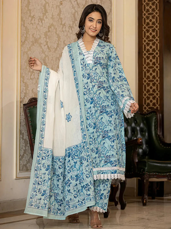 Light Blue Floral Print Straight Pakistani Style Kurta Trouser And Dupatta Set-Indiakreations-JS1004SKDBLS