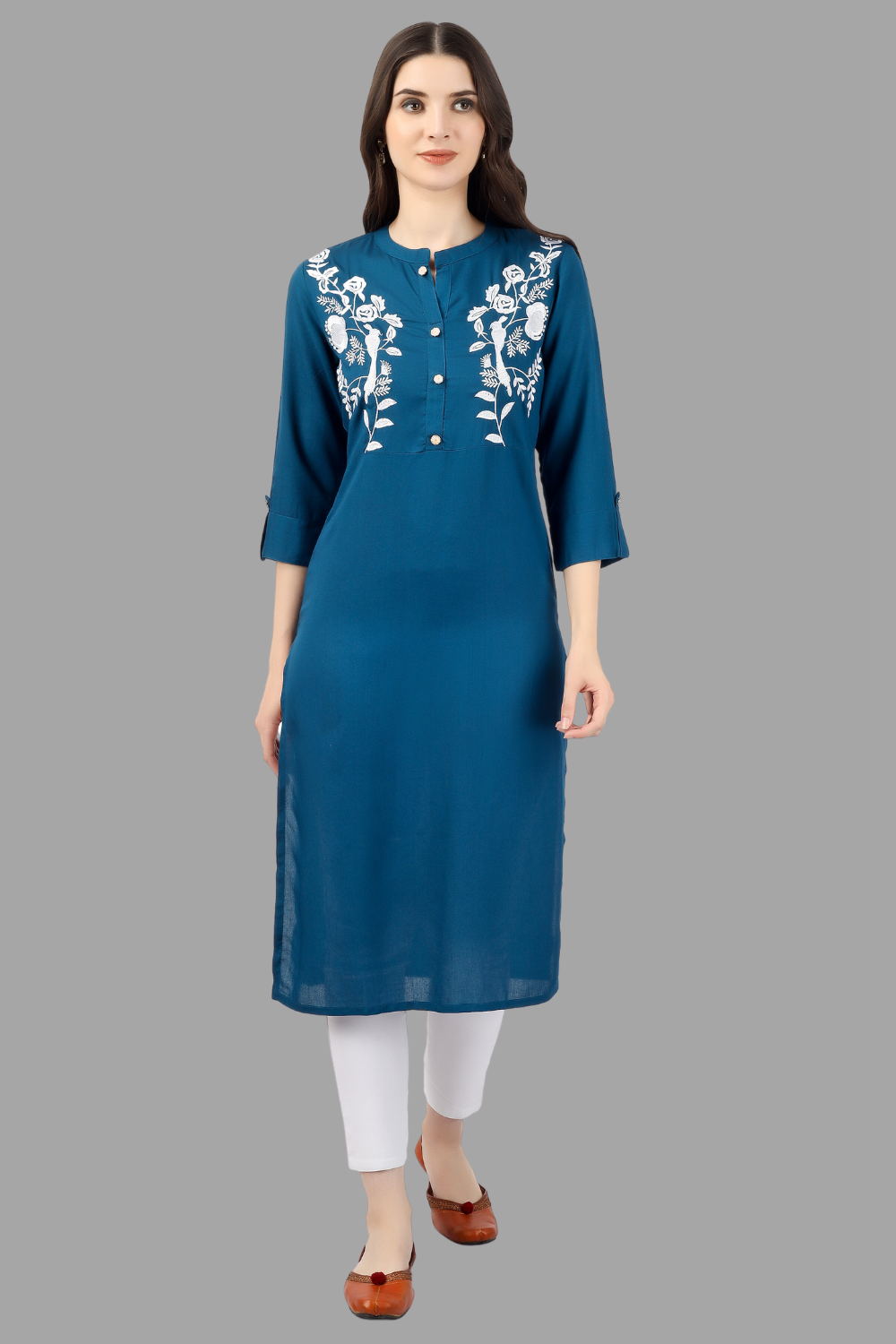 Women's Light Blue Rayon Chicken Embroidered Straight Kurta - House Of Rp