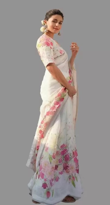 Women's White LINEN COTTON PRINTED SAREE - Fashion Forever