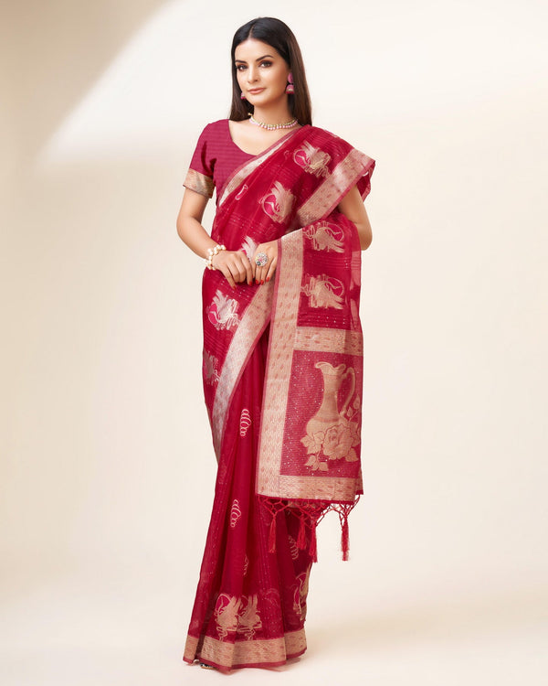 Women's Woven Saree With Blouse Set-Pink - Sweet Smile