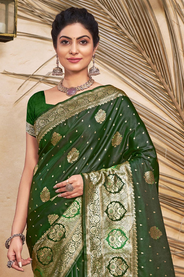 Women's Dark Green Silk Woven Zari Work Traditional Tassle Saree - Sangam Prints