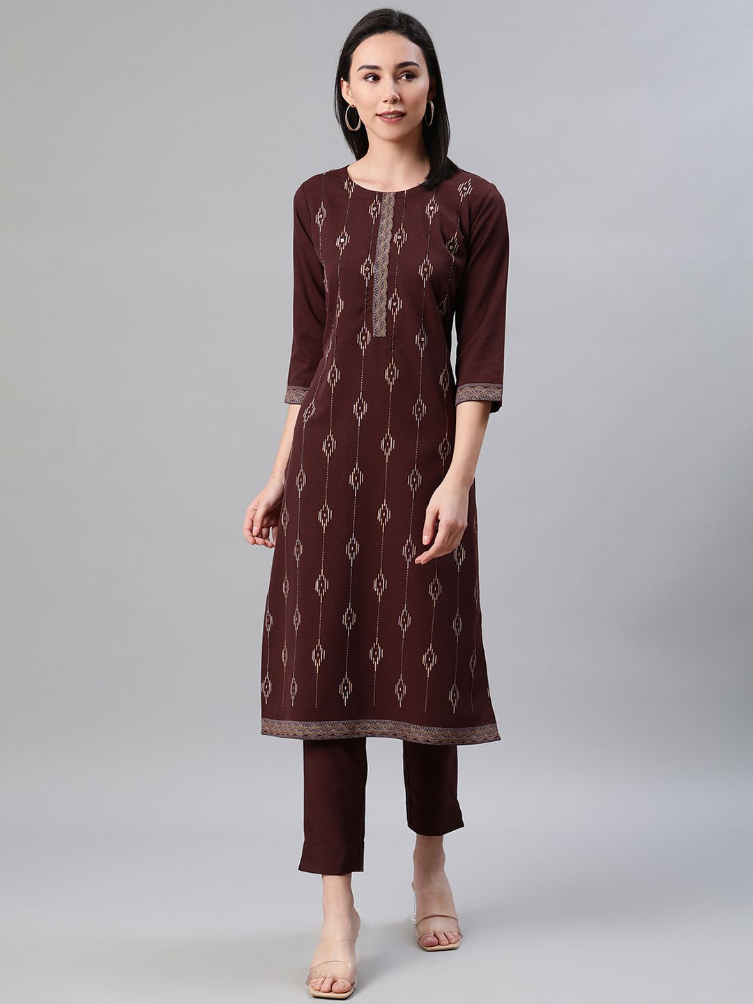 Women's Brown Color Foil Print Straight Kurta And Pant Set - Ziyaa