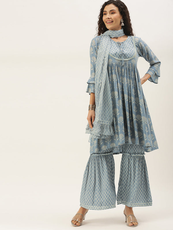 Women's Grey Color Muslin Foil Printed Kurta Sharara With Dupatta - VAABA