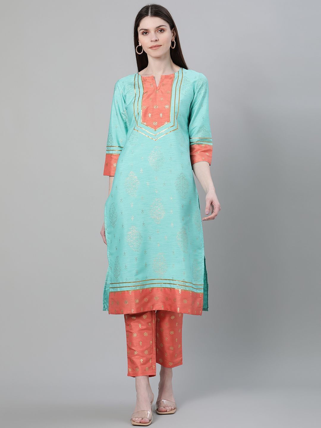 Women's Turquoise Color Foil Print Straight Kurta And Pant Set - Ziyaa