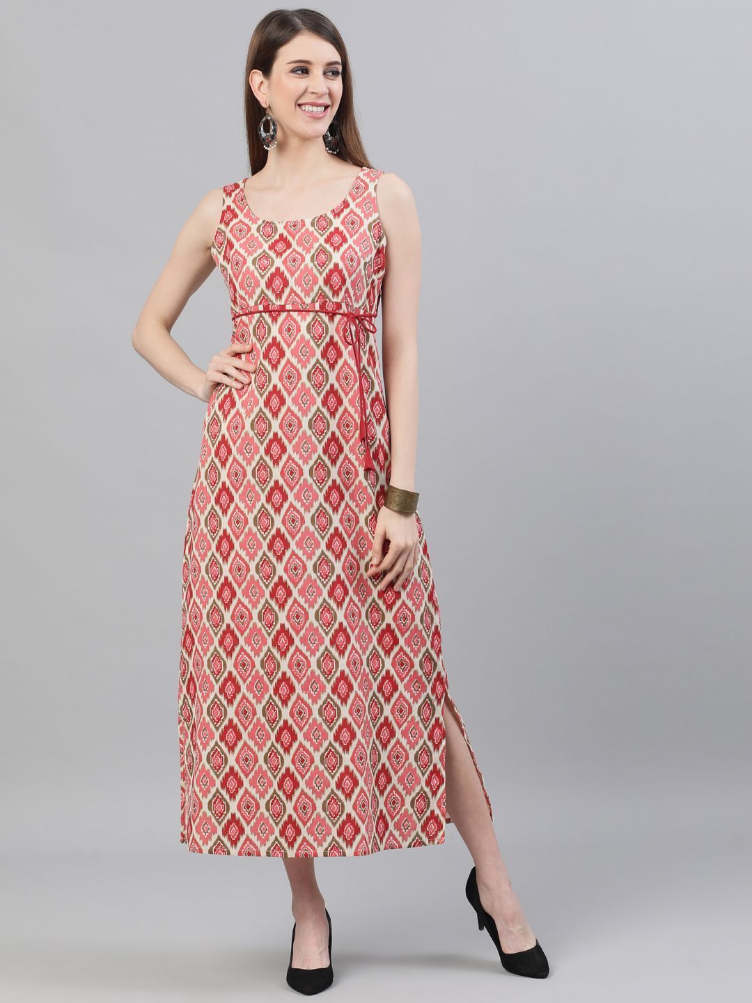 Women's Red Ikat Printed A-Line Maxi - AKS