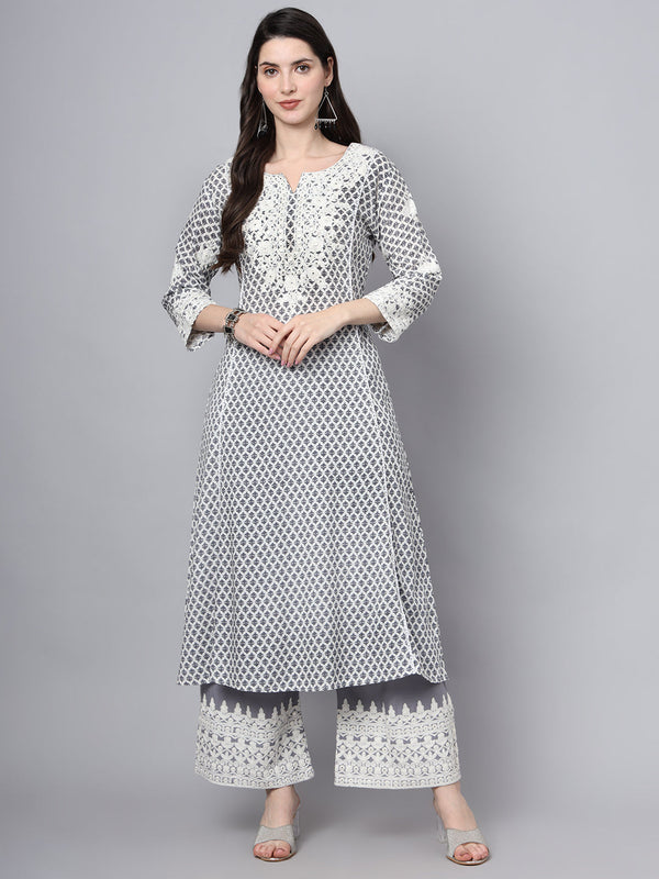 Women's White Blue Motif Print Rayon Kurta Palazzo Sets for Women - Taantav