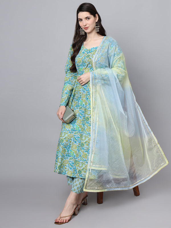 Women's Floral Printed Sky Blue Cotton Anarkali Kurta Pant Dupatta Set - Taantav