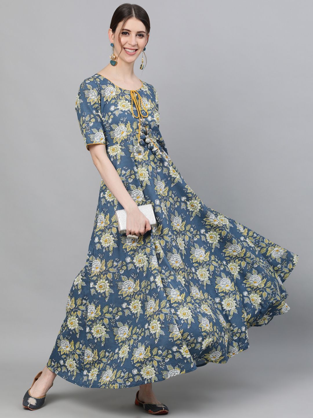 Women's Blue & Yellow Floral Printed Flared Maxi - AKS