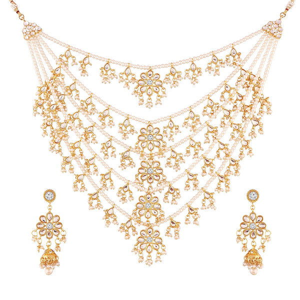 Women's Gold Plated Multi Strand Floral Kundan & Pearl Beaded Necklace Set - i jewels