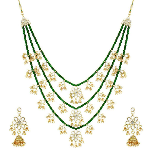 Women's 3 Layered Multi Strand Floral Green Kundan & Pearl Beaded Necklace - i jewels