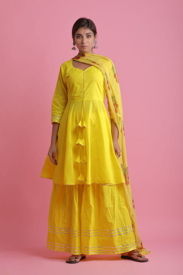 Women's Yellow Peplum Sharara Set  (3Pc Set) - Saras The Label