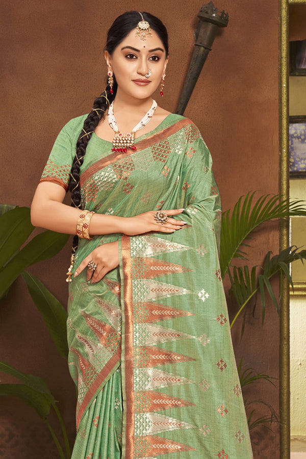 Women's Light Green Silk Woven Zari Work Traditional Tassle Saree - Sangam Prints