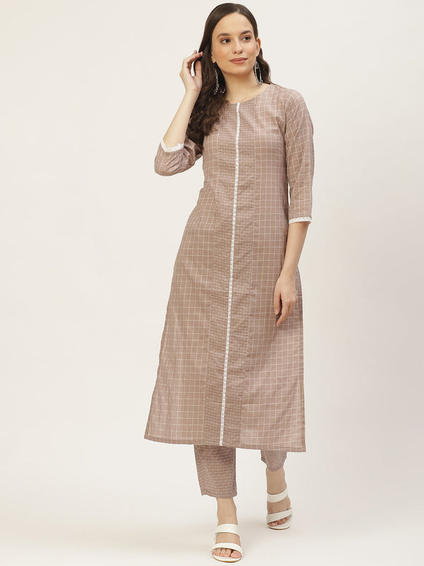 Women's Grey Color Cotton Blend Checked Striped Straight Kurta Pant Set - VAABA