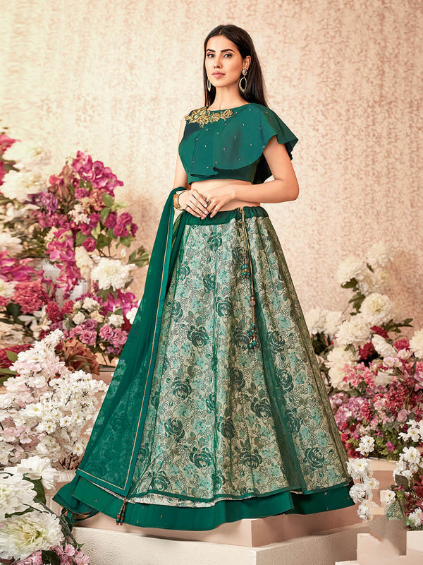 Women's Green Embroidered Florence Designer lehenga-Myracouture