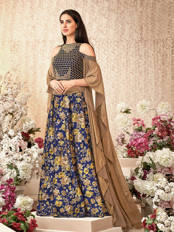 Women's Royal Blue Embroidered Florence Designer lehenga-Myracouture