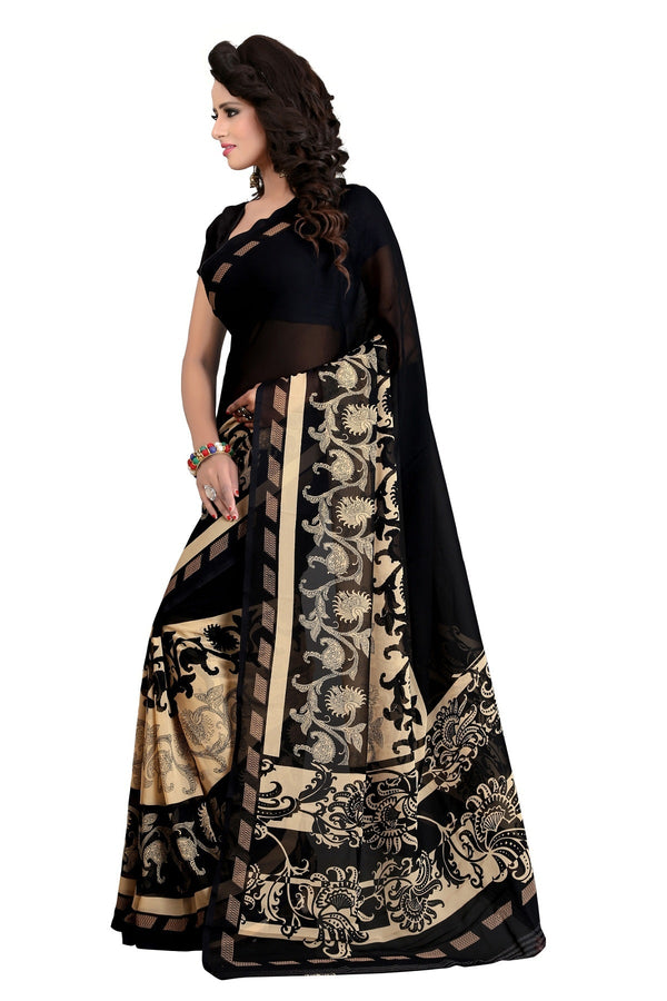 Women's Black Printed Georgette Saree - Vamika