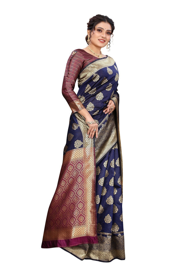 Women's Ethnic Fire Navy Blue Weaving Banarasi Jacquard Saree - Vamika