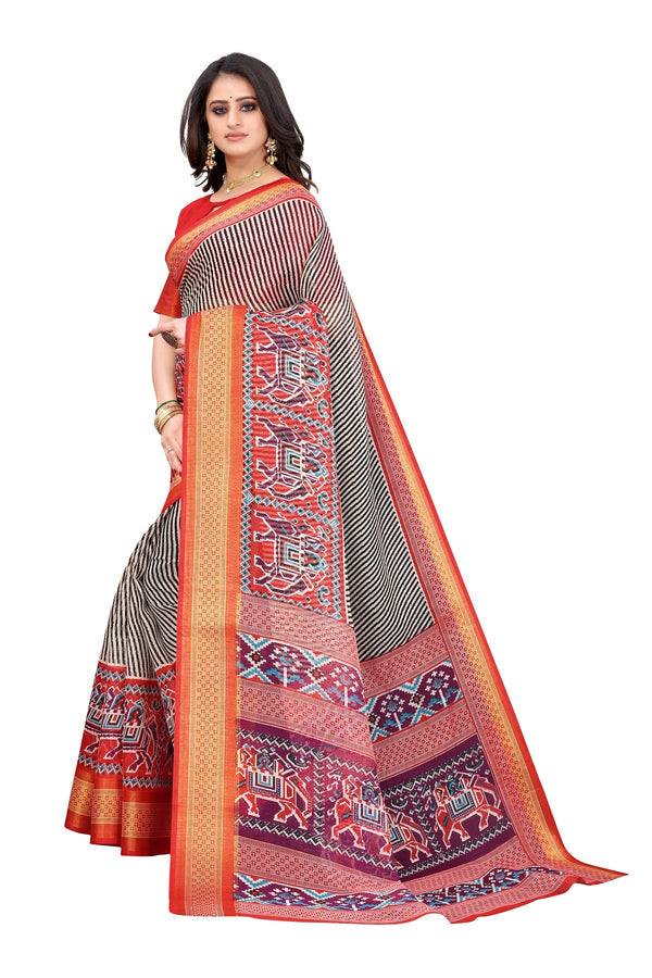 Women's Red Linen Jari Border Saree - Vamika