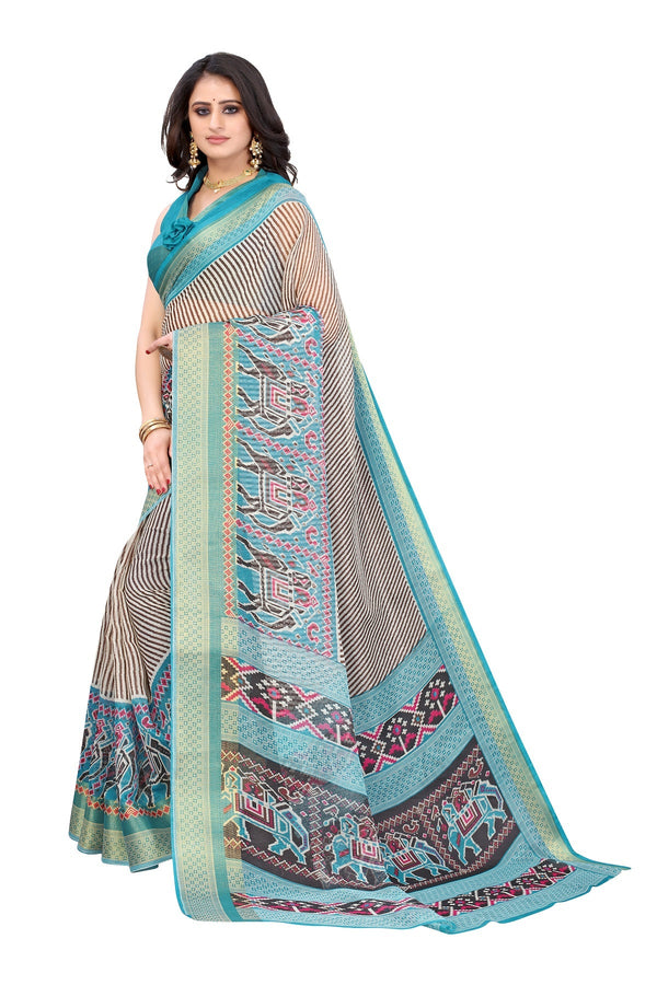 Women's Sky Blue Linen Jari Border Saree - Vamika